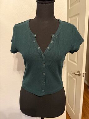 PacSun Dark Teal Ribbed Short-Sleeve Snap-Front Crop Top